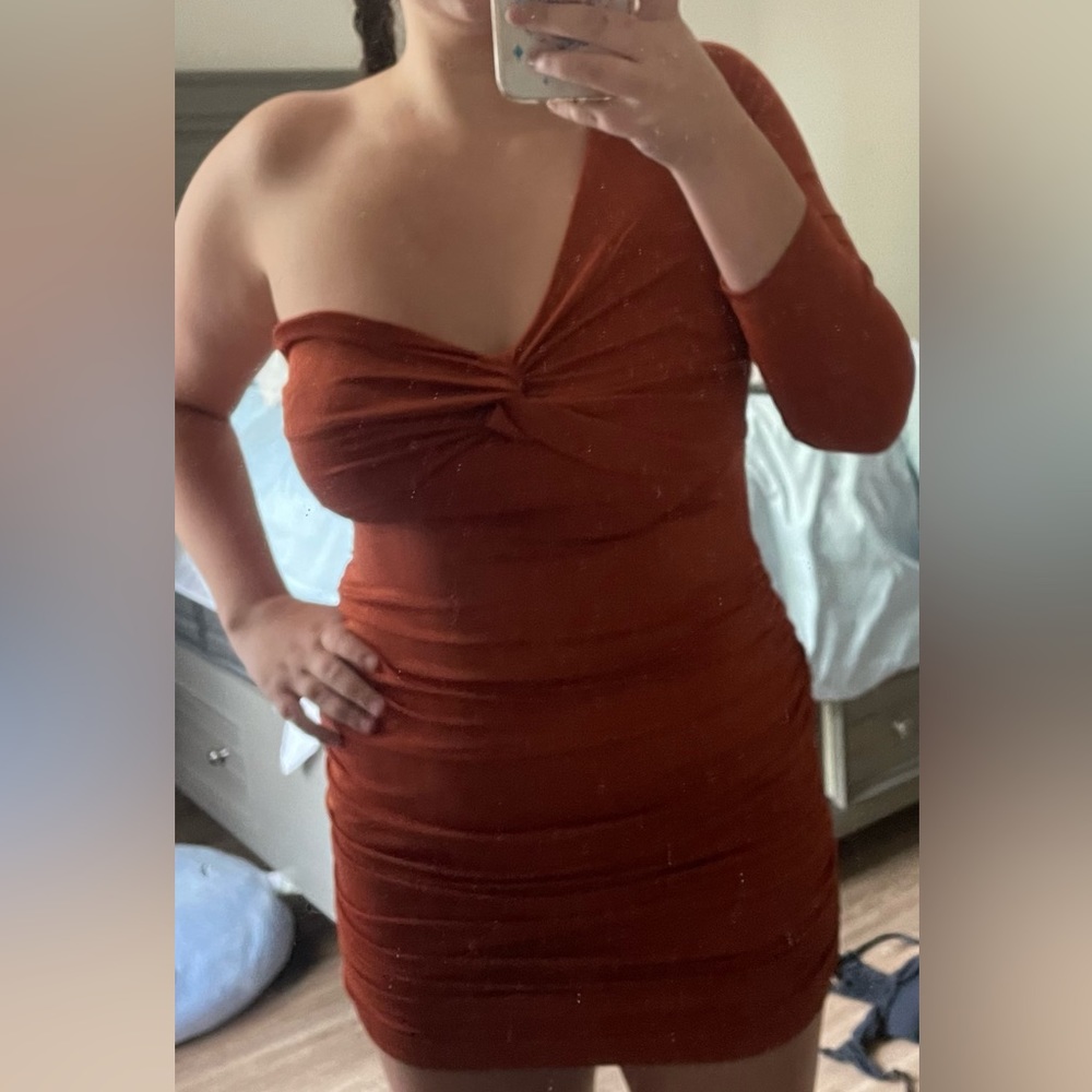 NWT One Shoulder Mini Dress Bronze Size 12 - Picture 6 of 6